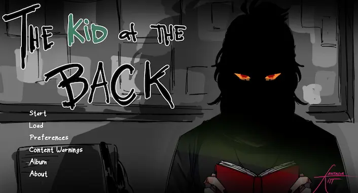 The Kid at the Back title screen, showing a shadowed student with glowing eyes.